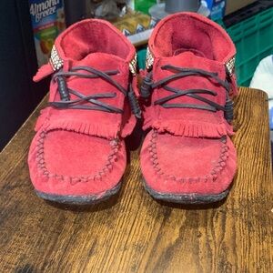 Women’s Red Suede Fringe Moccasins with Elastic Toggle Laces